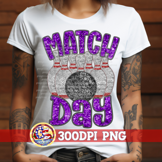 Bowling Match Day Purple Faux Embroidery Sequins PNG for Sublimation