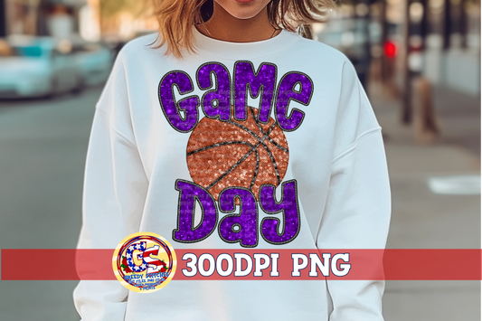Basketball Game Day Purple Faux Embroidery Sequins PNG