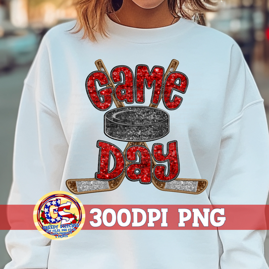 Hockey Game Day Red Faux Embroidery Sequins PNG