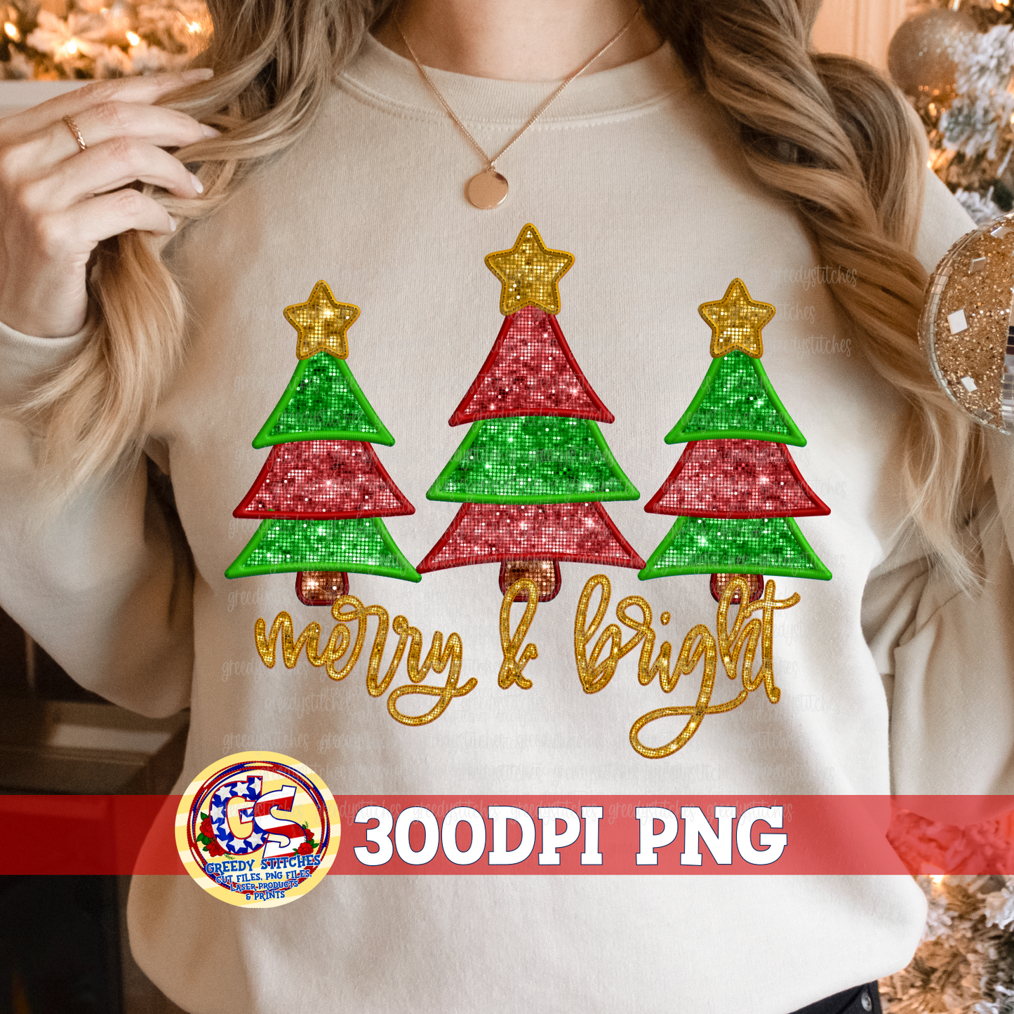Merry & Bright Christmas Tree Faux Sequin Embroidery PNG Green and Maroon