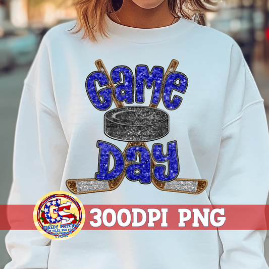 Hockey Game Day Royal Faux Embroidery Sequins PNG