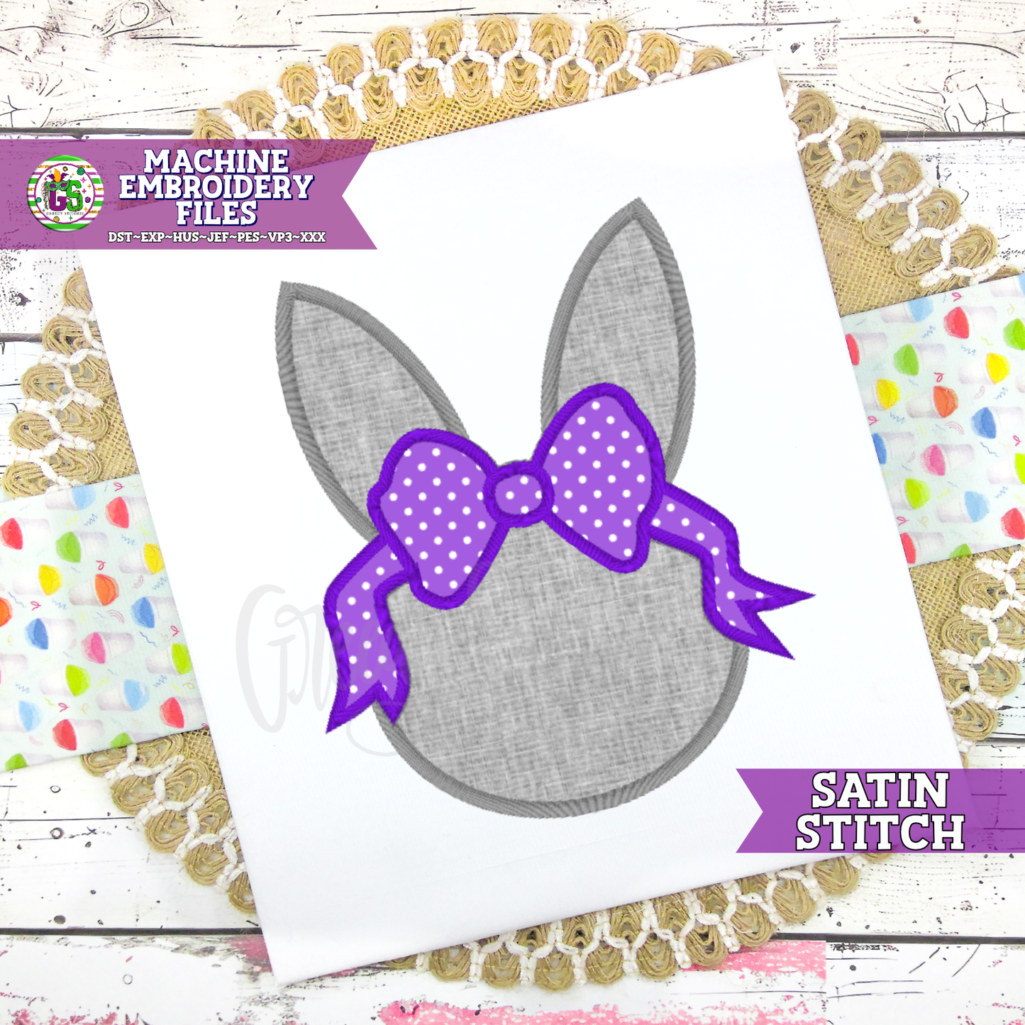 Bunny Ears with Bow Satin Stitch Machine Embroidery Design