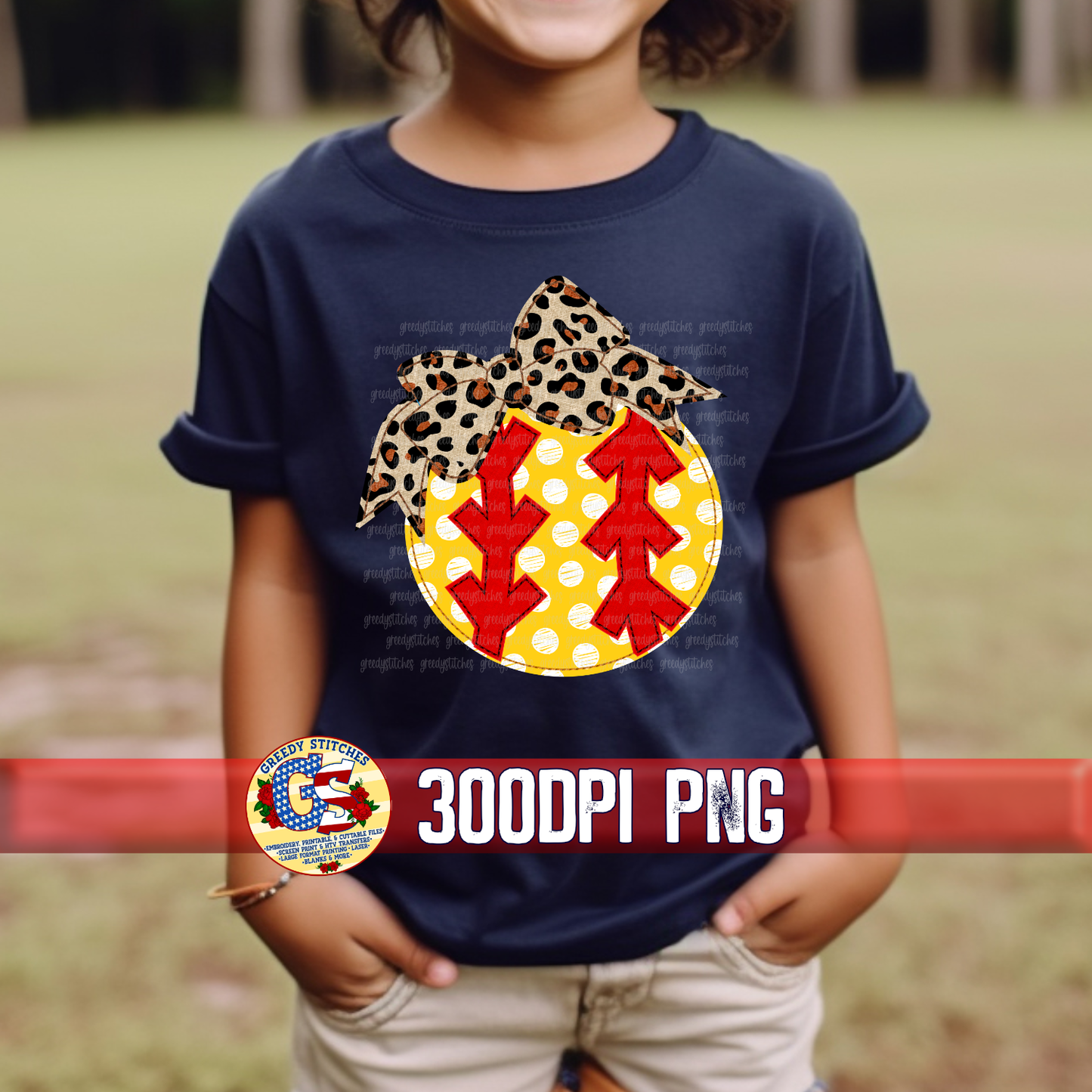Softball with Bow Faux Applique PNG