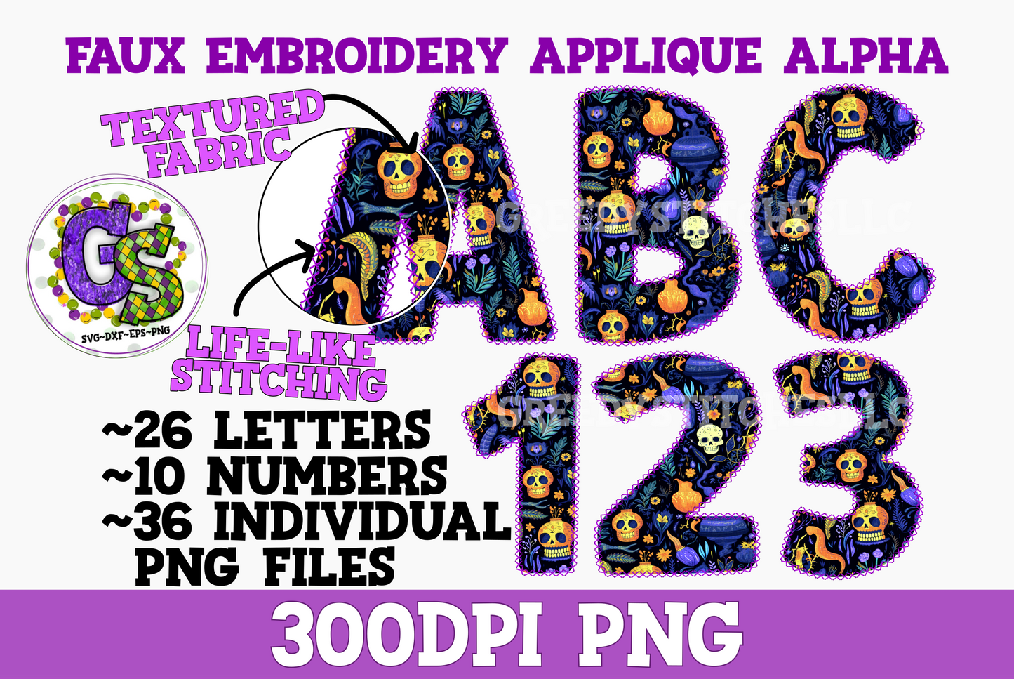 Halloween Skull Fabric Faux Embroidery Alpha & Number PNG Set