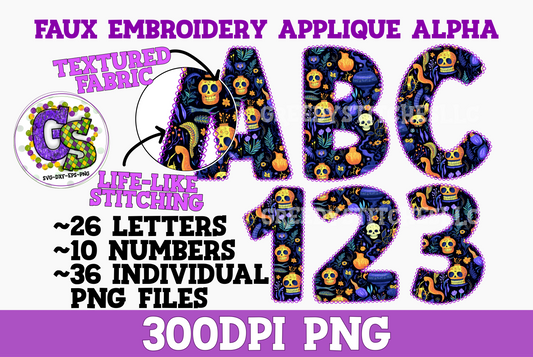 Halloween Skull Fabric Faux Embroidery Alpha & Number PNG Set