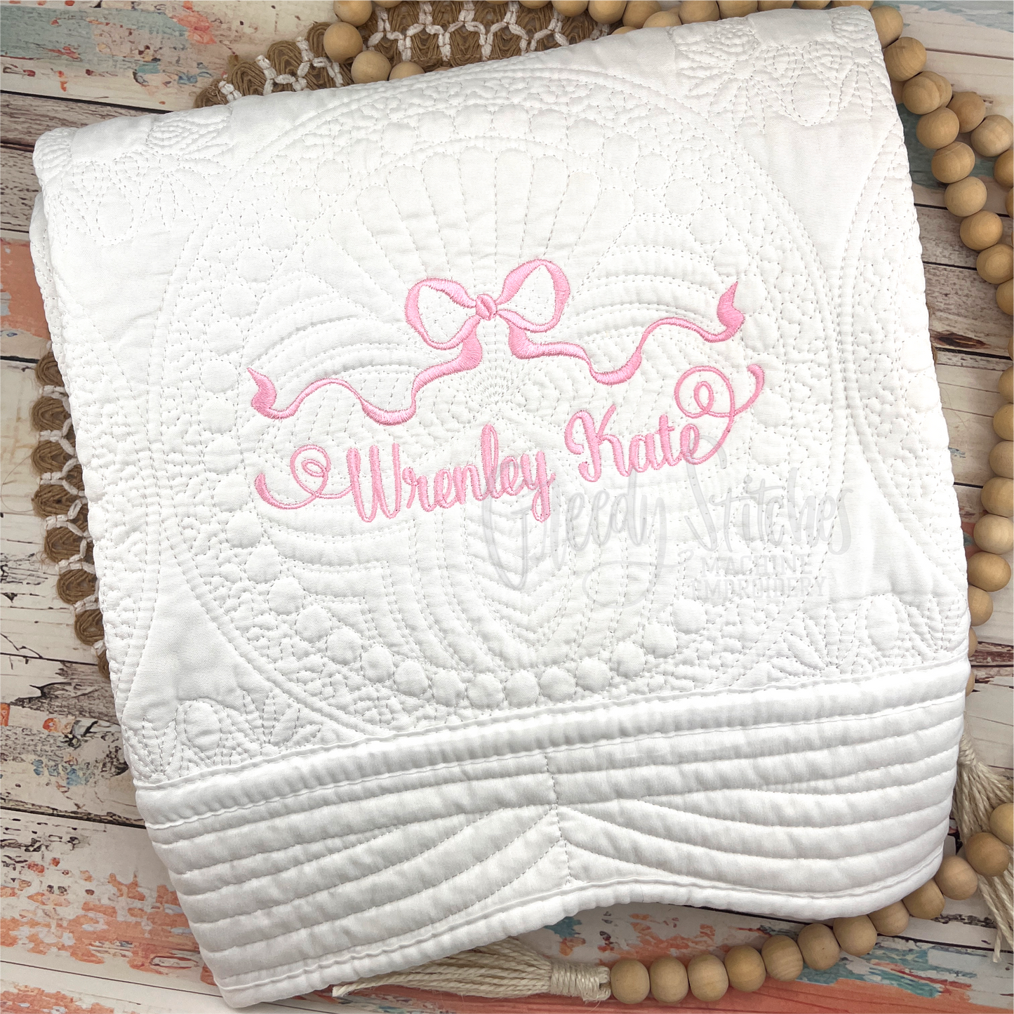 Embroidered Personalized Heirloom Quilt with Bow in White