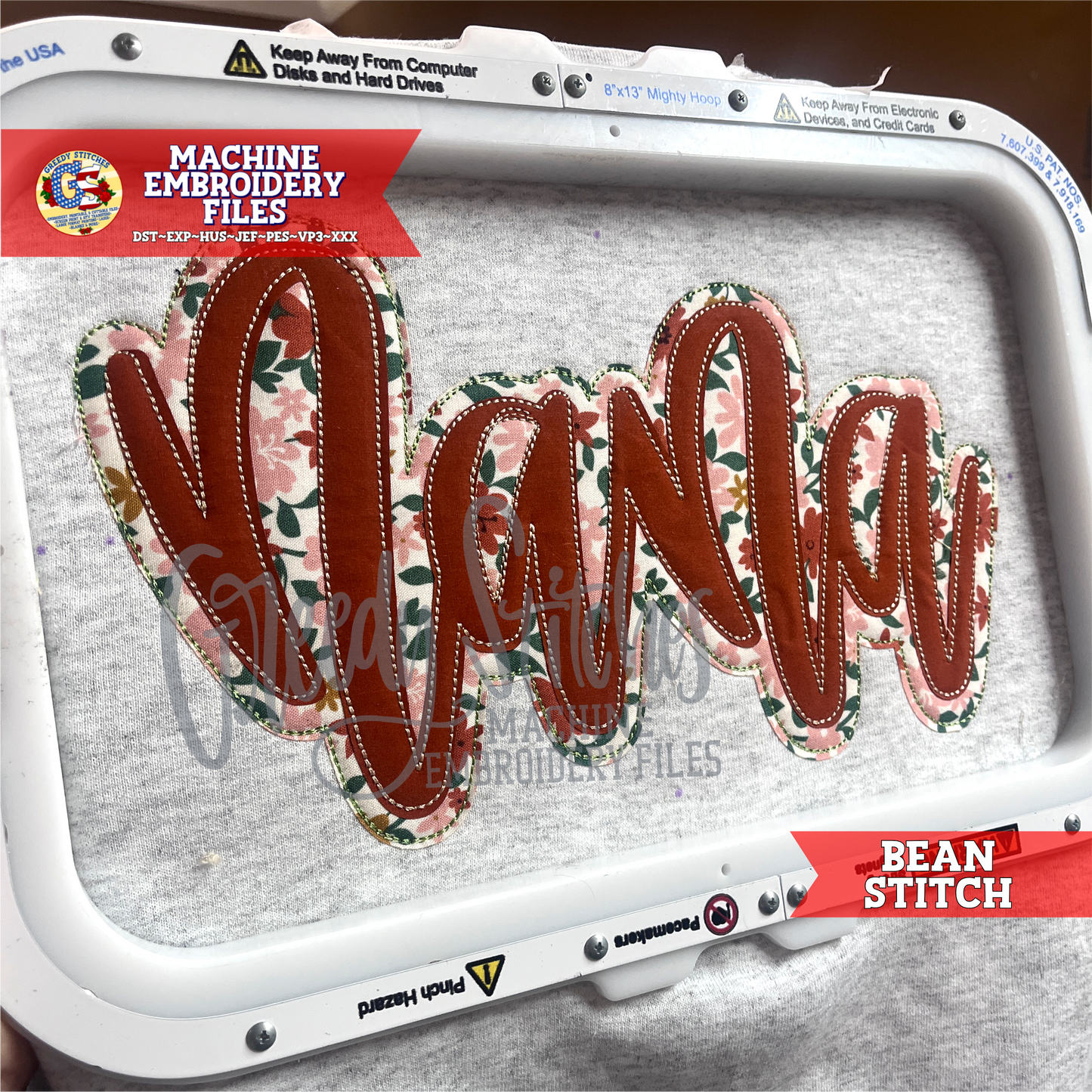 Nana Bean Stitch Double Applique Machine Embroidery Design