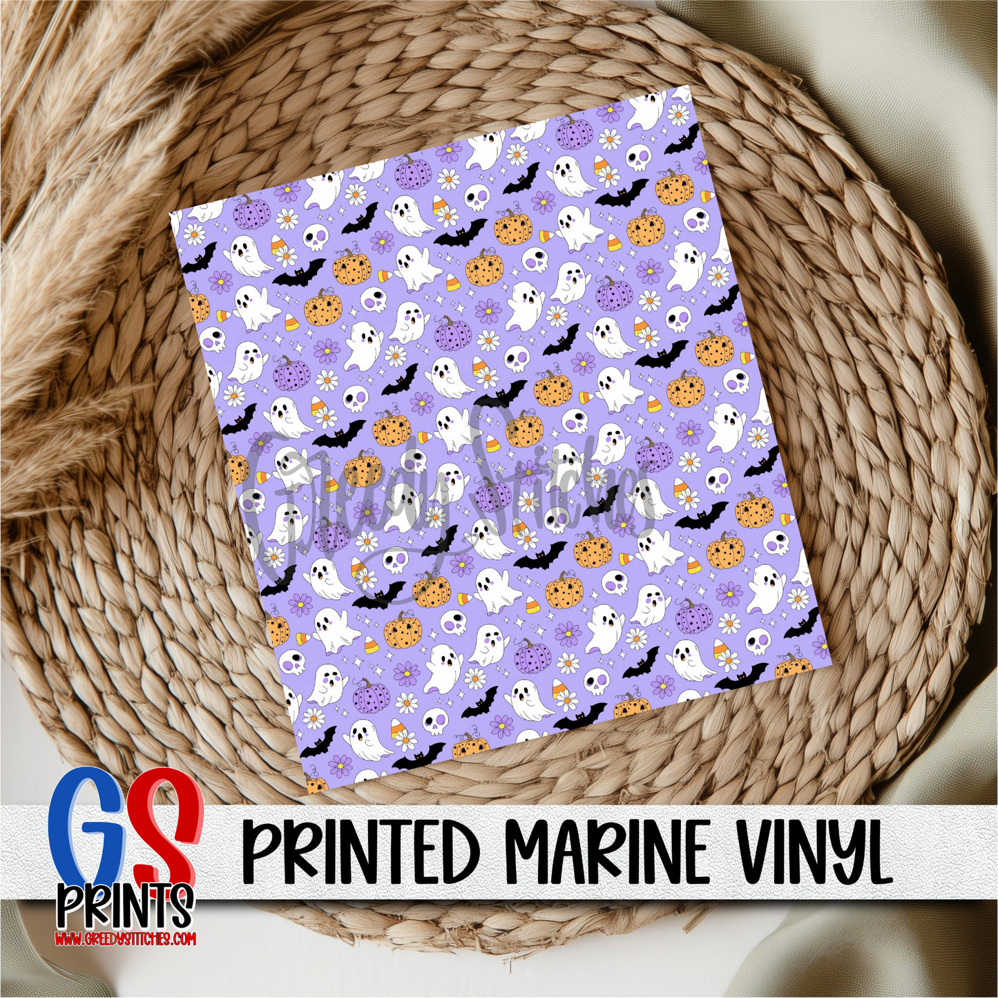 Purple Ghosts Bats and Pumpkins Printed Marine Vinyl