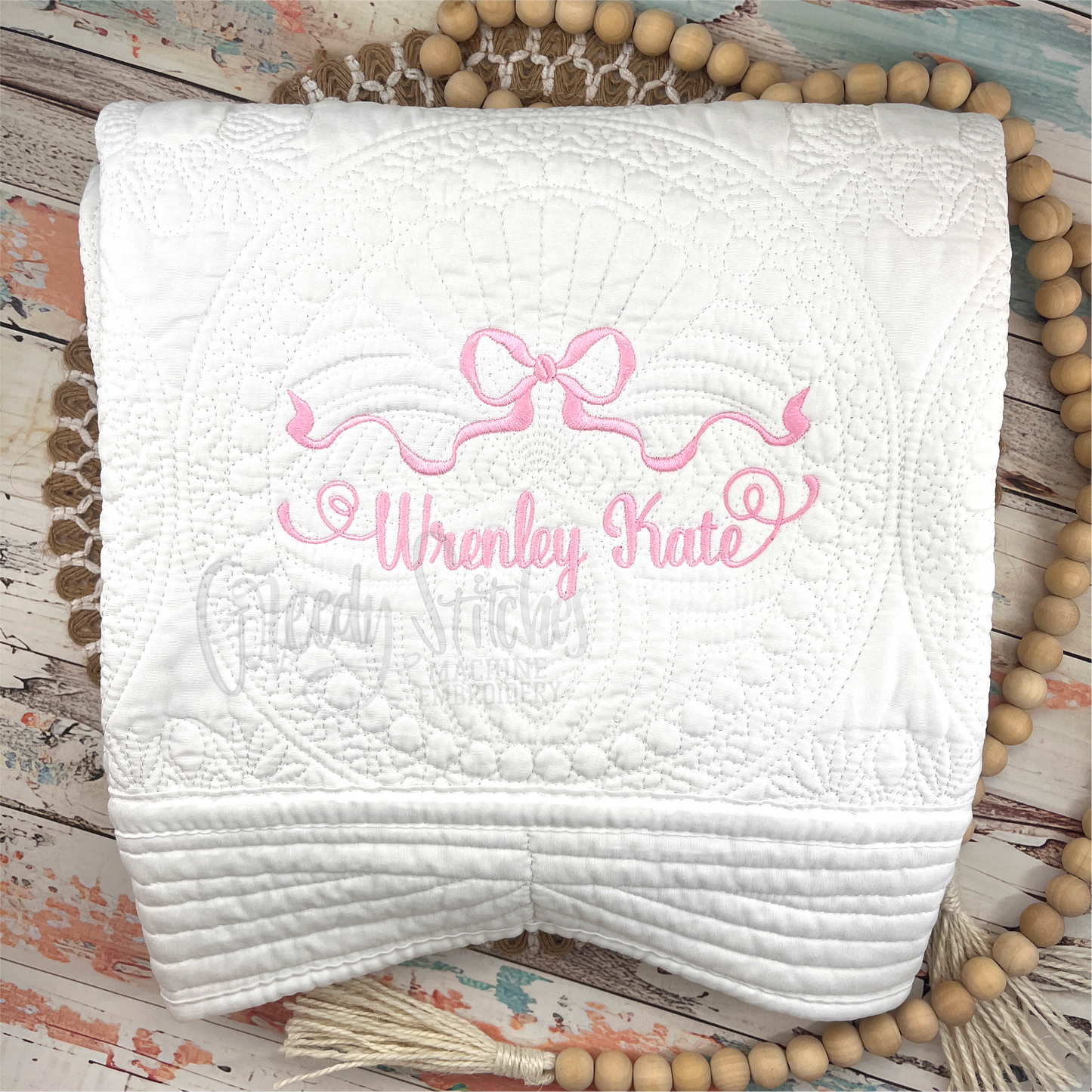 Embroidered Personalized Heirloom Quilt with Bow in White