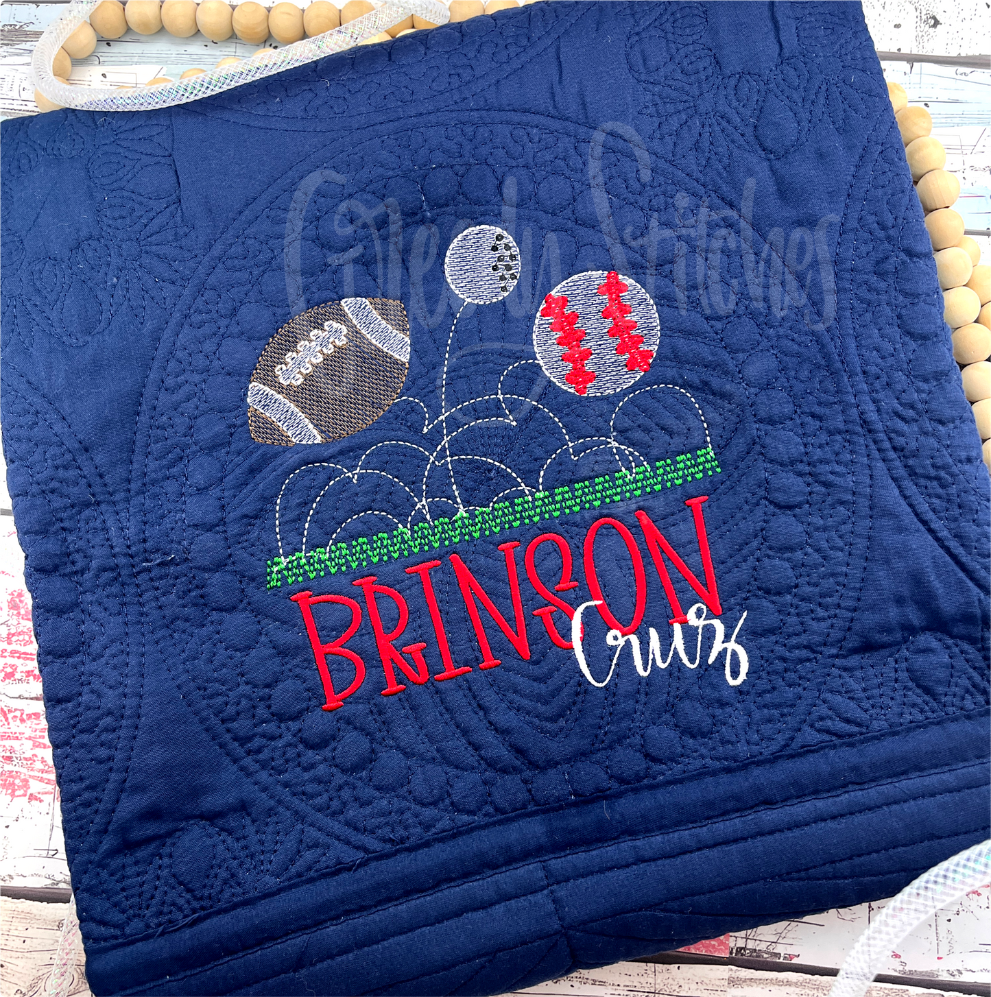 Embroidered Sports Personalized Heirloom Quilt in Navy Blue - Football, Golf, Baseball