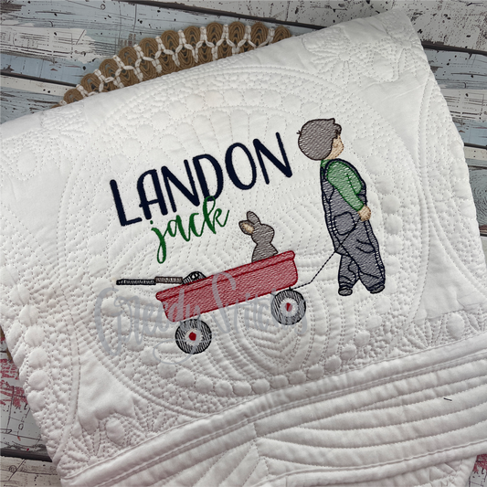 Rabbit Hunter Boy with Wagon Embroidered Personalized Heirloom Quilt in White with White Trim