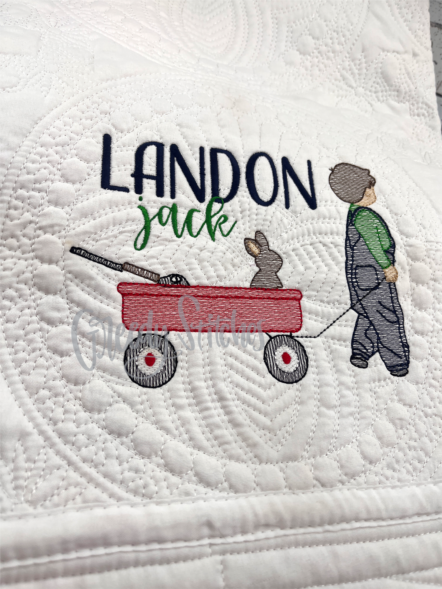 Rabbit Hunter Boy with Wagon Embroidered Personalized Heirloom Quilt in White with White Trim