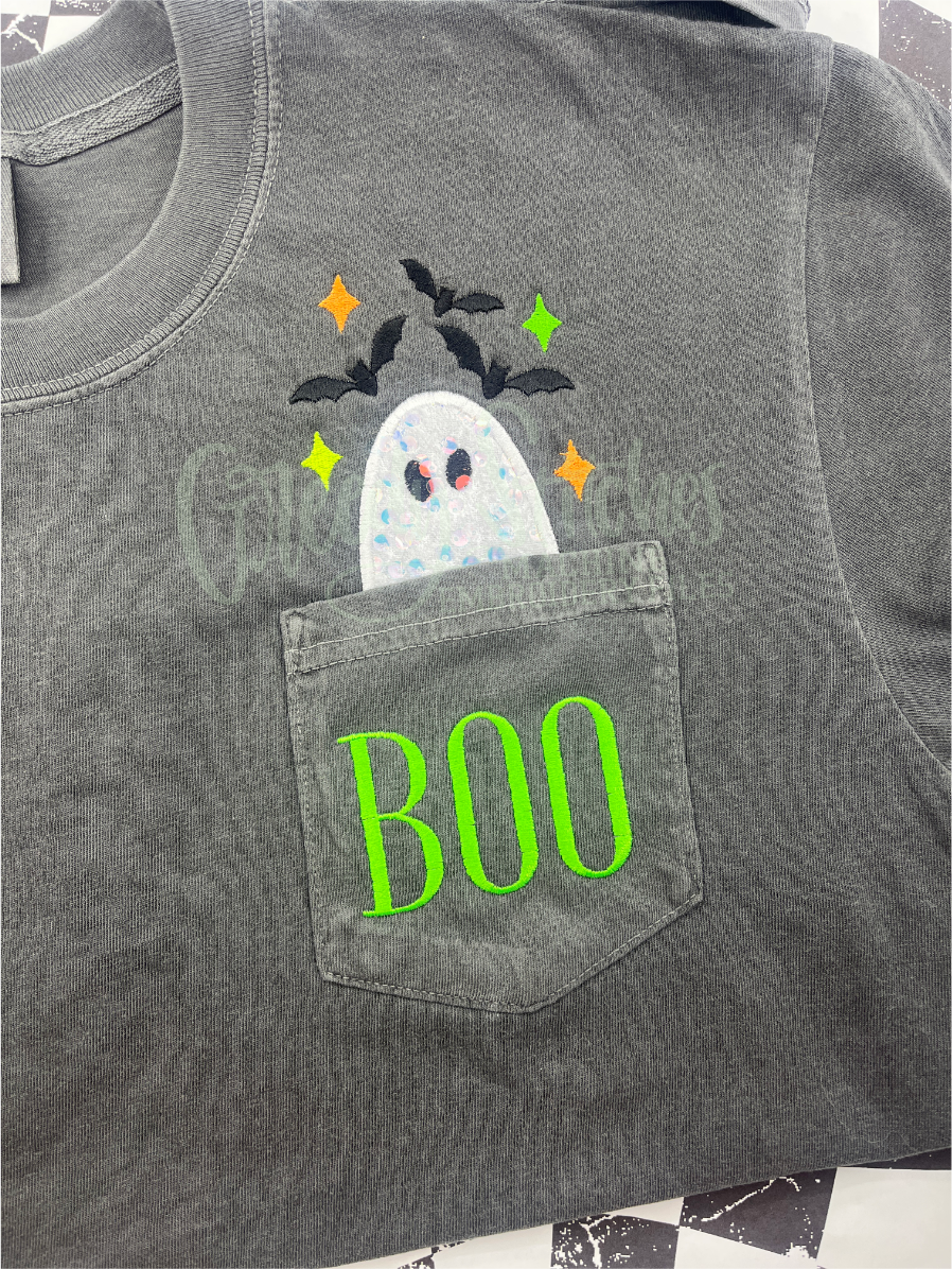 Judging Ghost with Bats Applique Pocket Peeker Machine Embroidery Design