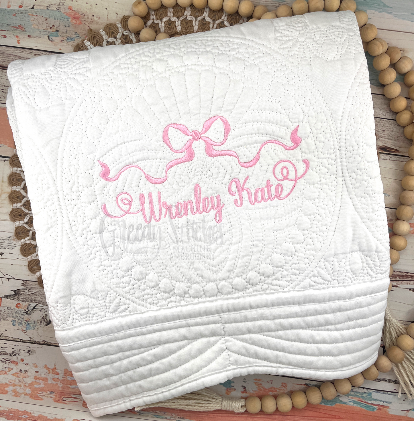 Embroidered Personalized Heirloom Quilt with Bow in White