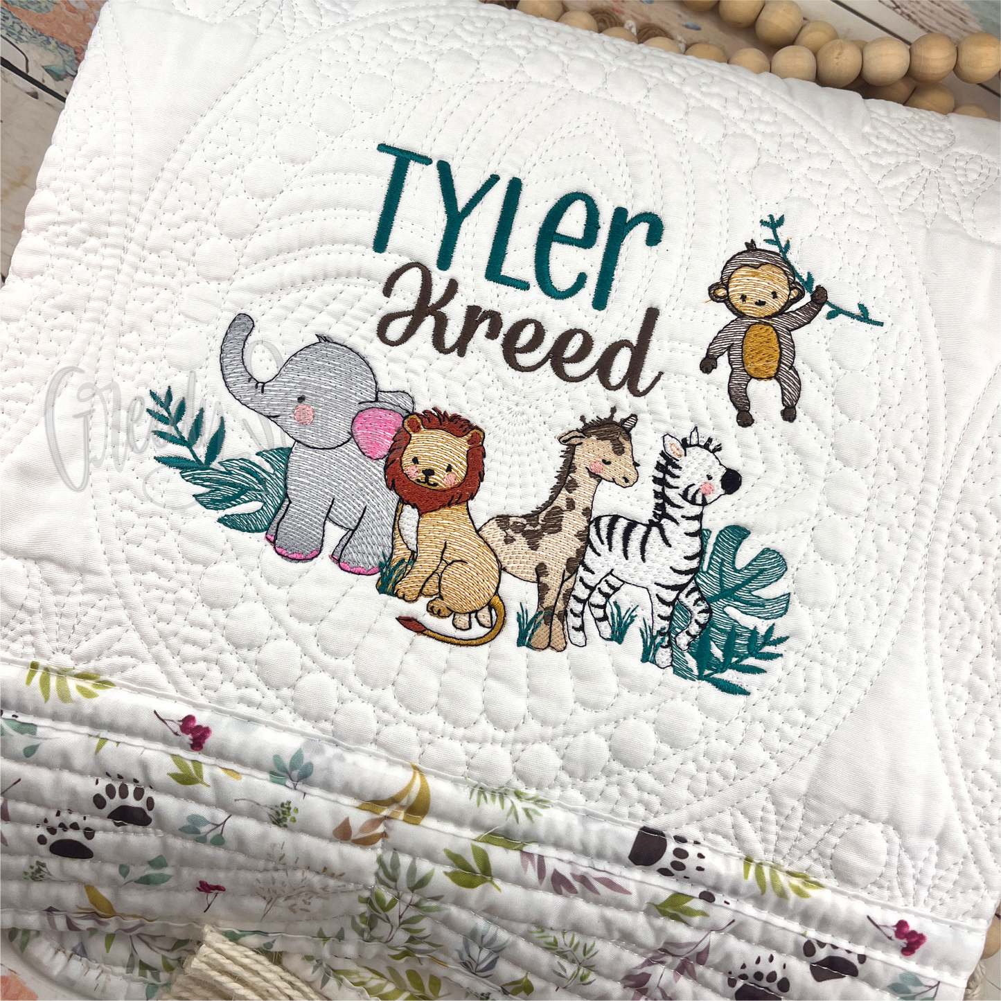 Embroidered Safari Personalized Heirloom Quilt in White with Safari Trim