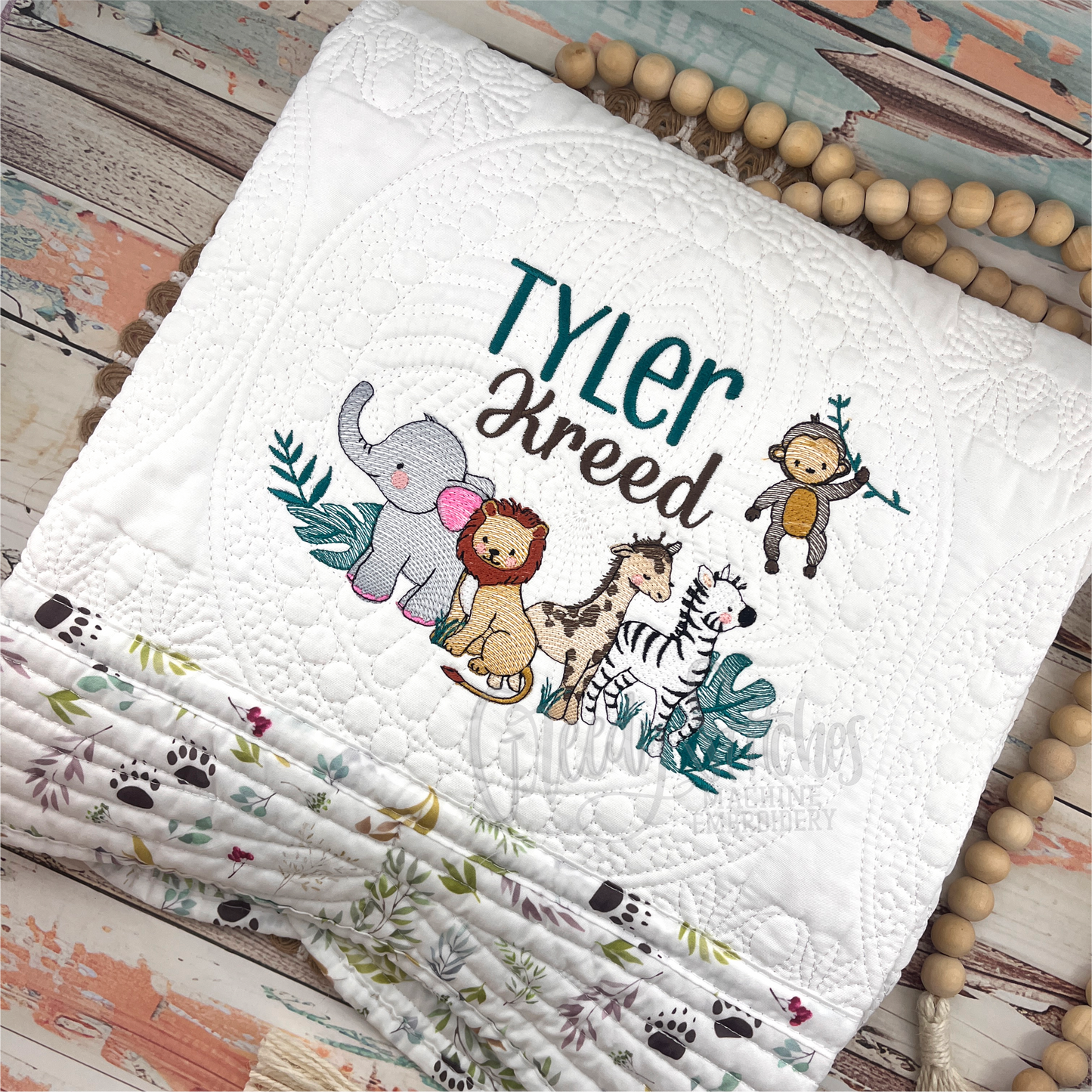Embroidered Safari Personalized Heirloom Quilt in White with Safari Trim