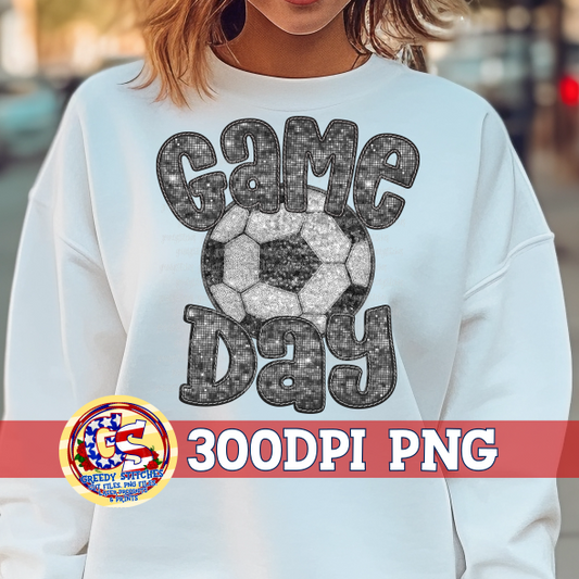 Soccer Game Day Black Faux Embroidery Sequins PNG for Sublimation