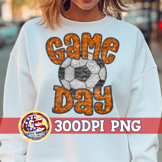 Soccer Game Day Orange Faux Embroidery Sequins PNG