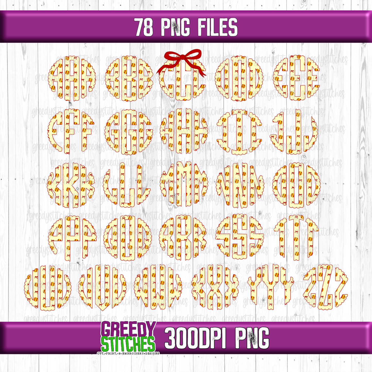 Softball Bow Scalloped Monogram Set PNG