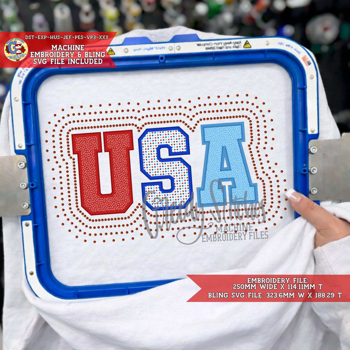 USA Varsity Applique Machine Embroidery & Bling SVG Design