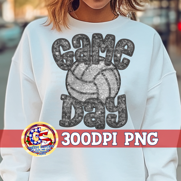 Volleyball Game Day Black Faux Embroidery Sequins PNG