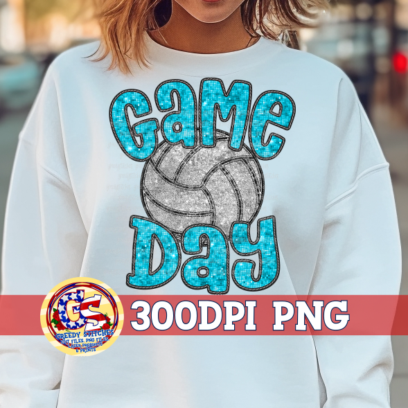 Volleyball Game Day Columbia Blue Faux Embroidery Sequins PNG
