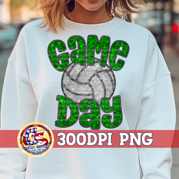 Volleyball Game Day Green Faux Embroidery Sequins PNG