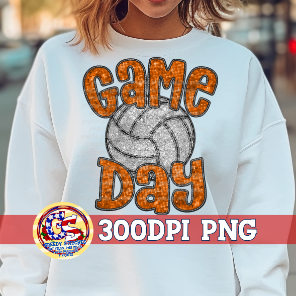 Volleyball Game Day Orange Faux Embroidery Sequins PNG