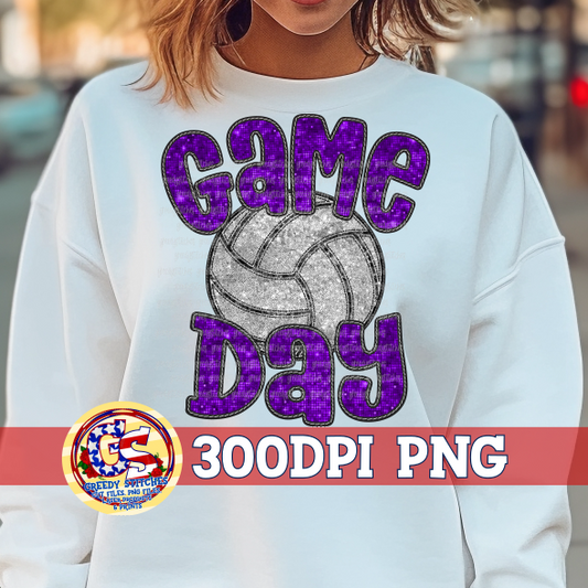 Volleyball Game Day Purple Faux Embroidery Sequins PNG