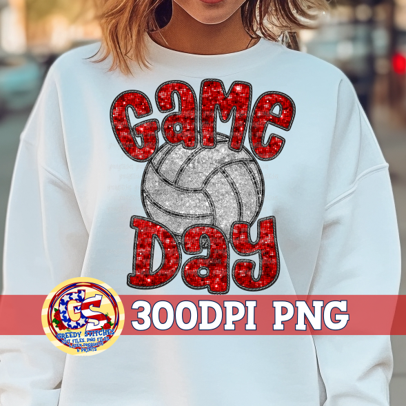 Volleyball Game Day Red Faux Embroidery Sequins PNG
