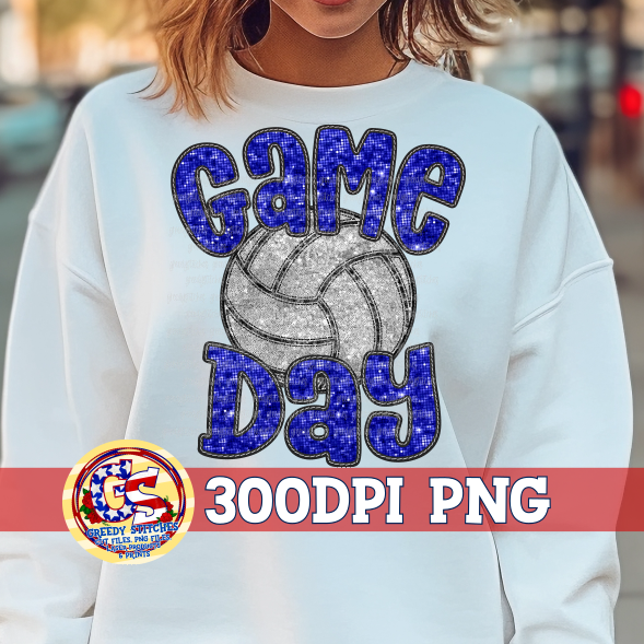 Volleyball Game Day Royal Blue Faux Embroidery Sequins PNG