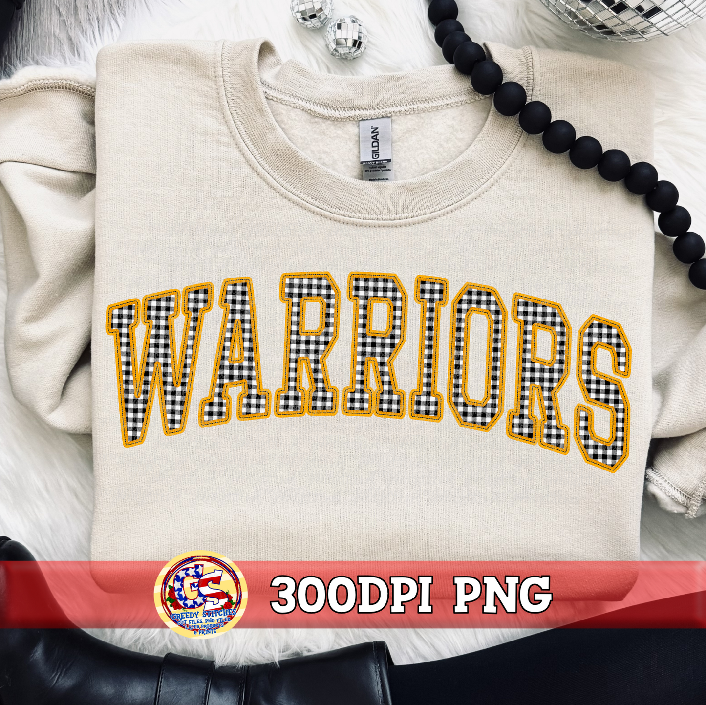 Warriors Gingham Faux Embroidery PNG - Black Yellow