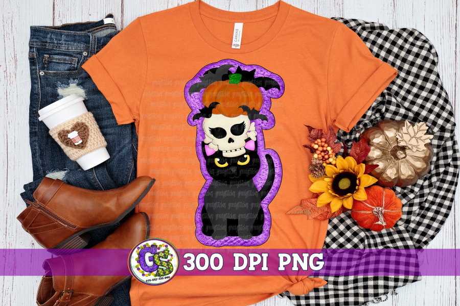 Stacked Halloween Black Cat Skull Pumpkin Bats PNG for Sublimation
