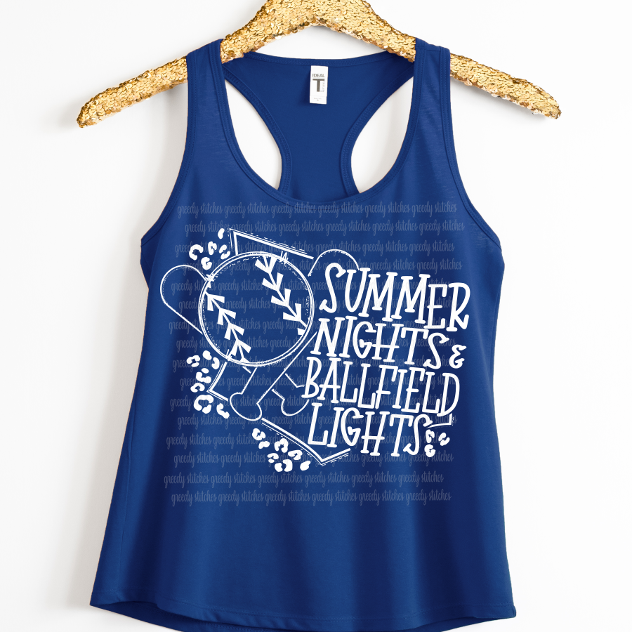 Summer Nights & Ballfield Lights White ADULT Screen Print Transfer