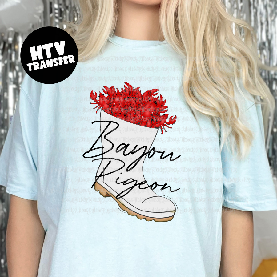 Bayou Pigeon Crawfish in Shrimp Boot HTV Transfer