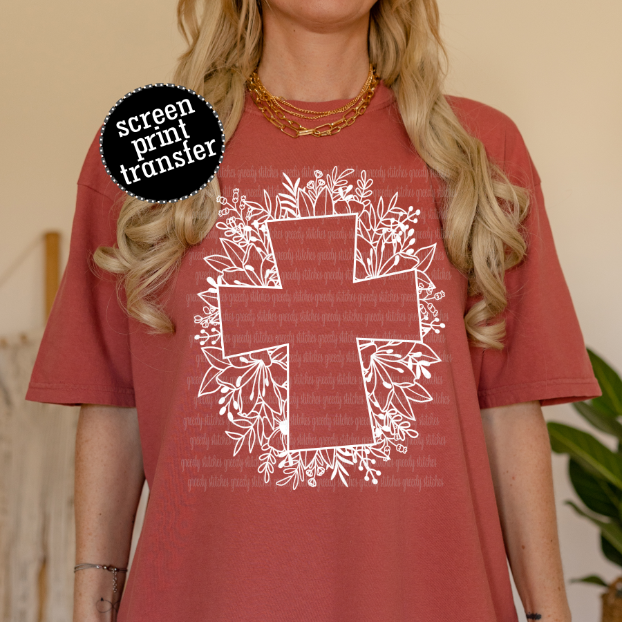 Floral Cross Easter Screen Print Transfer