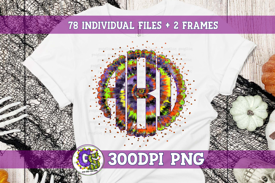 Halloween Tie Dye Scalloped Monogram Set PNG For Sublimation
