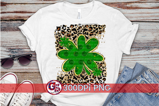 St. Patrick's Day Four Leaf Clover Leopard Glitter PNG for Sublimation