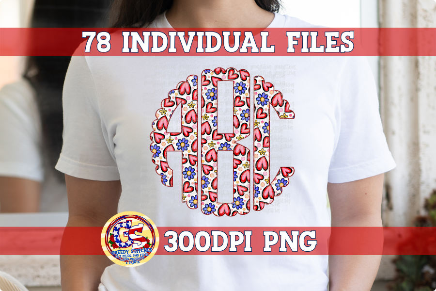 Valentine's Day Heart & Flower Monogram Set PNG for Sublimation