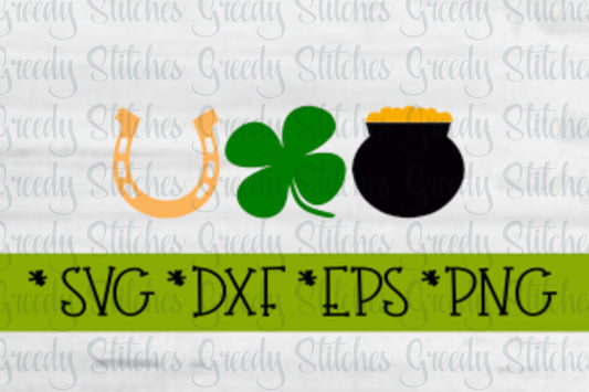 St. Patrick&#39;s Day Trio SvG | Gold SvG | Four Leaf Clover SvG | Horse Shoe SVG | Luck SvG | Lucky SvG | Green SvG | Instant Download Cut File