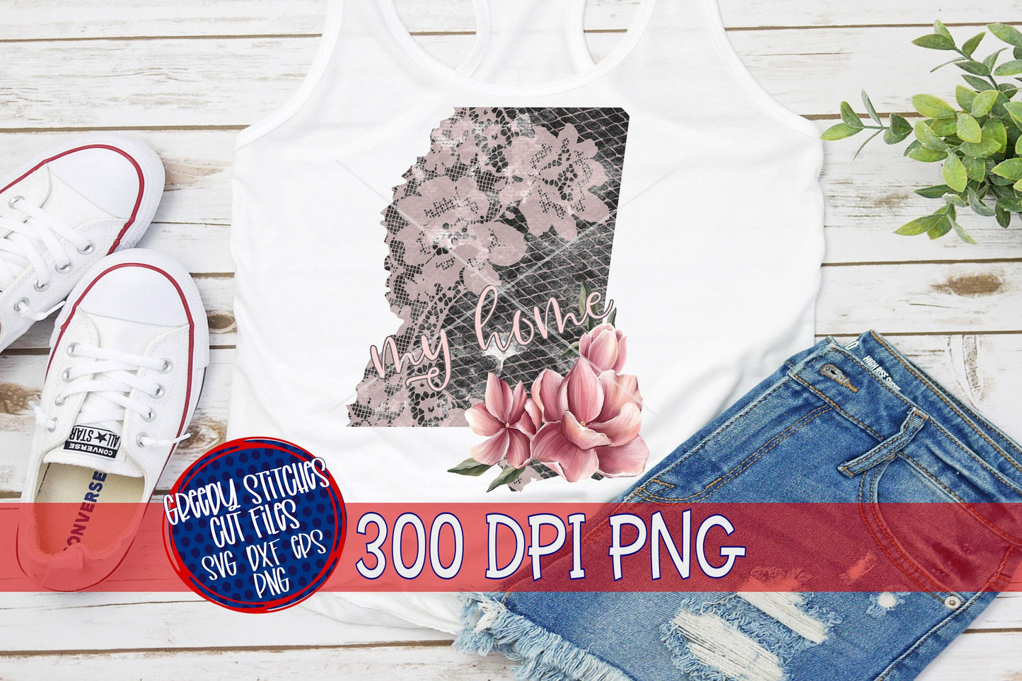 Mississippi My Home Lace and Magnolias Watercolor PNG Sublimation