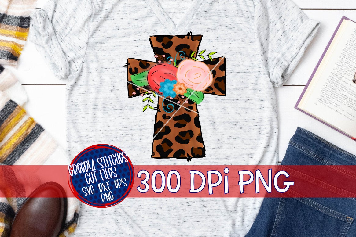 Floral Leopard Print Cross PNG for Sublimation