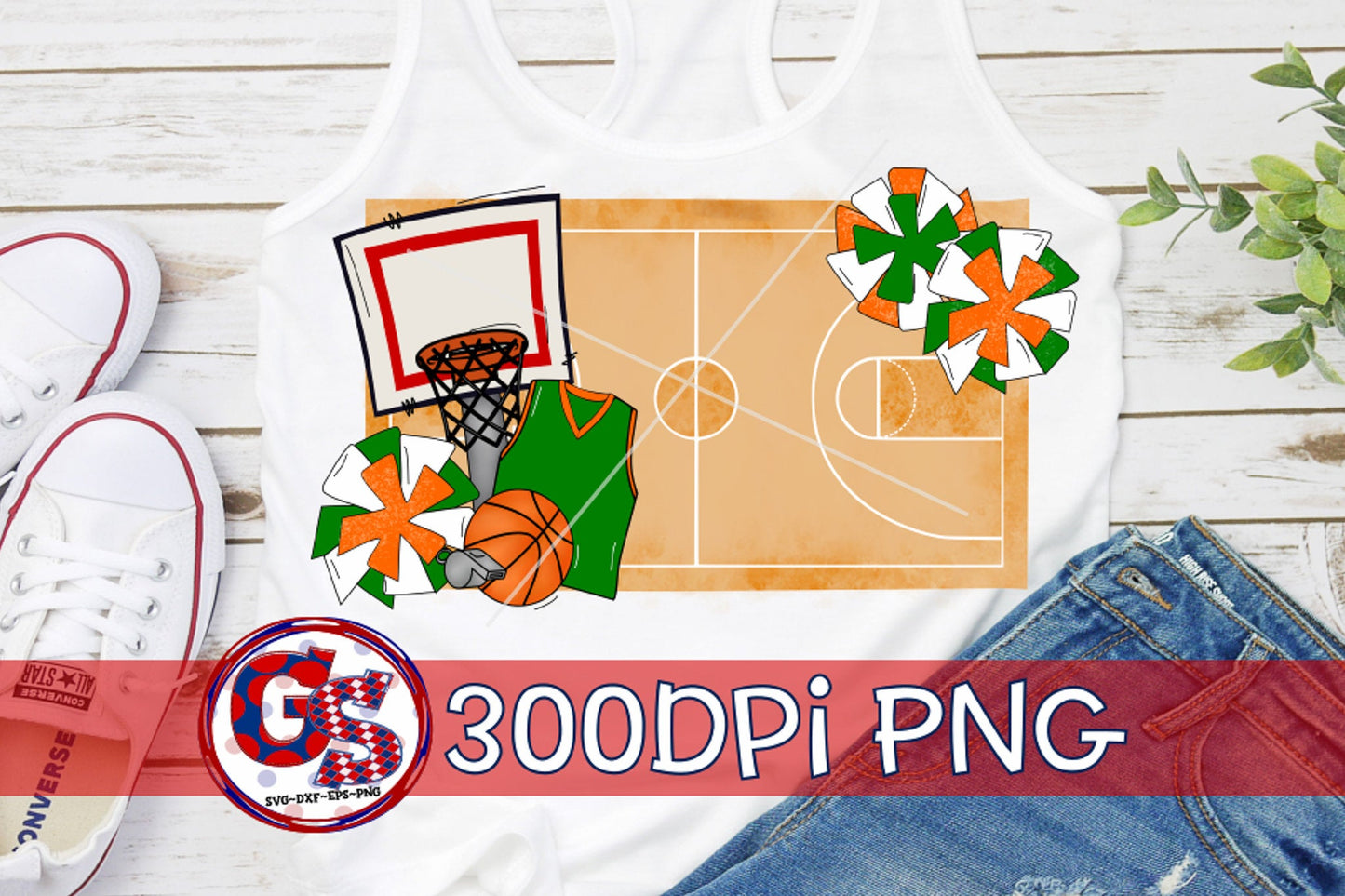 Basketball Pom Poms Green and Orange PNG for Sublimation