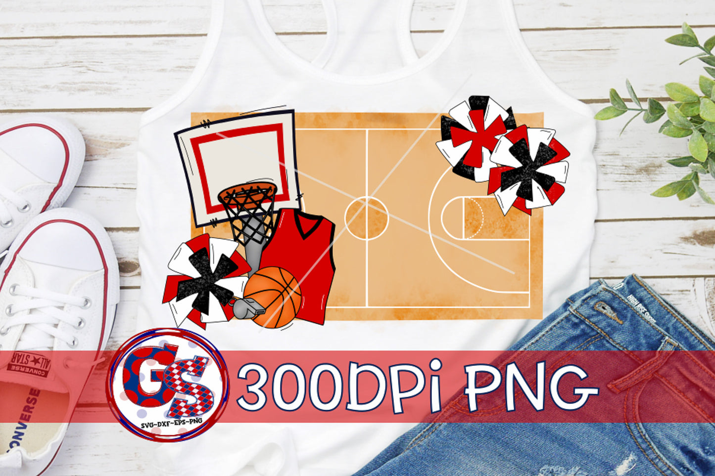 Basketball Court Pom Poms Red and Black PNG for Sublimation