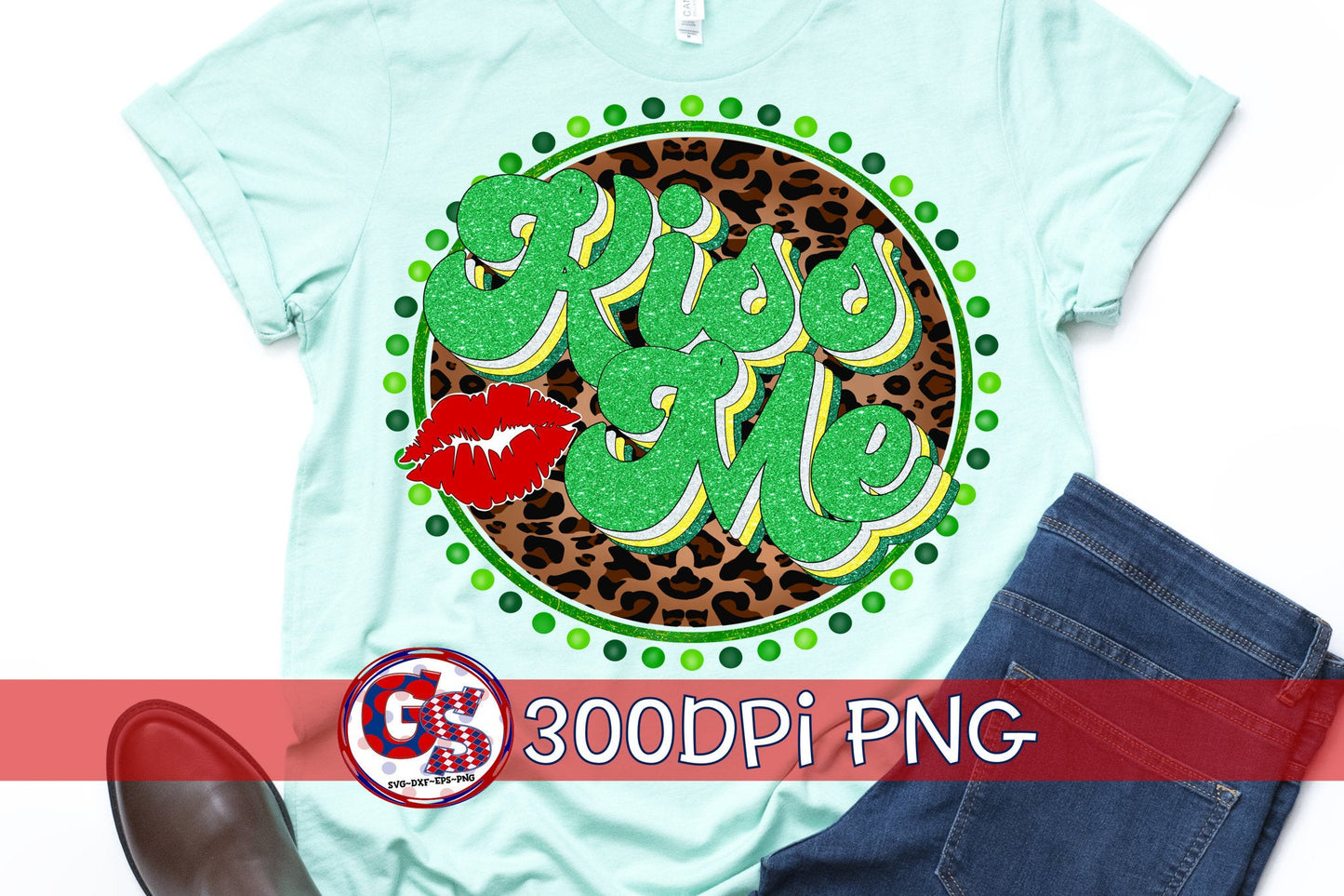 St. Patrick's Day Kiss Me Retro Leopard PNG for Sublimation