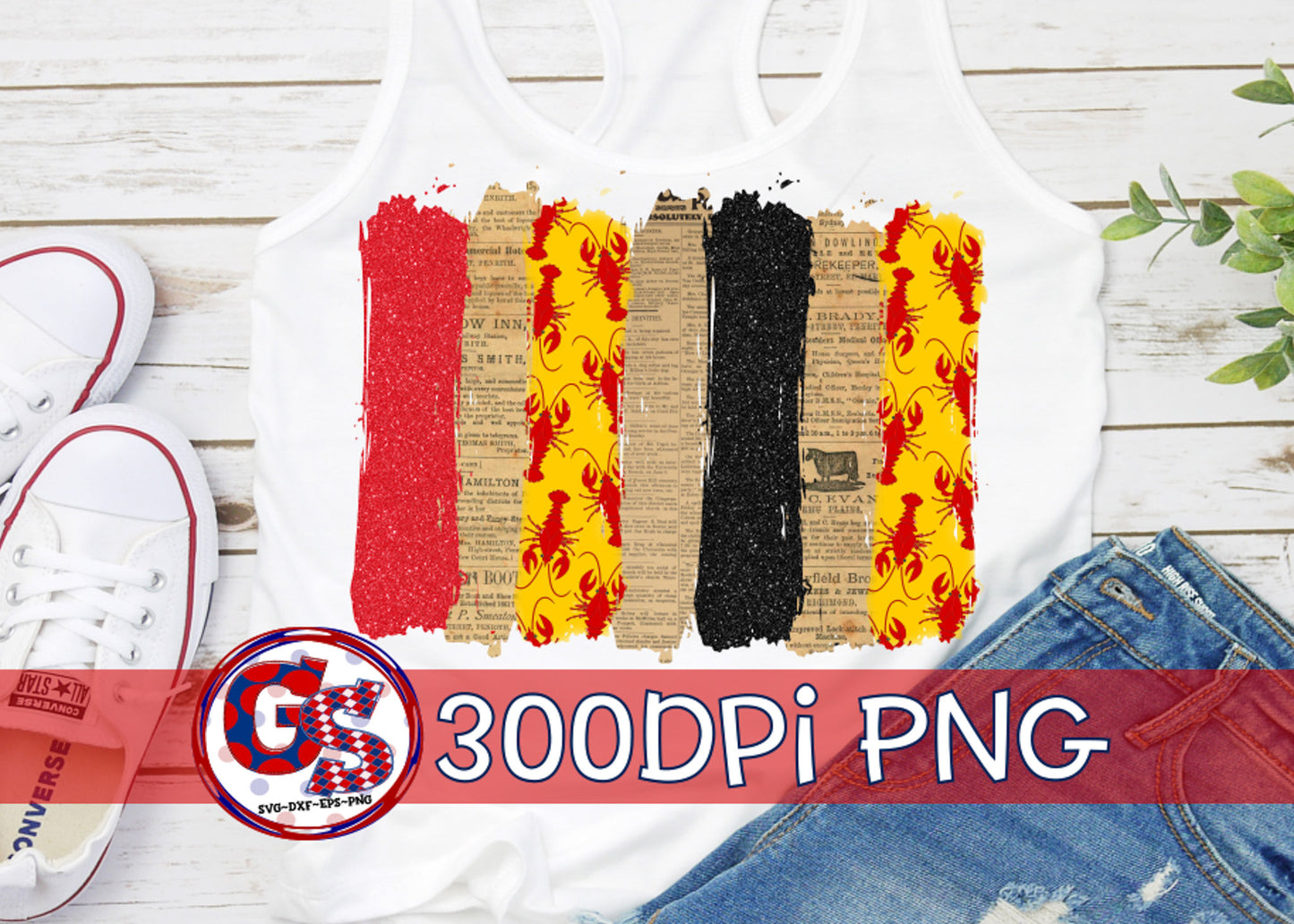 Crawfish & Vintage Newspaper Brush Strokes PNG Sublimation.