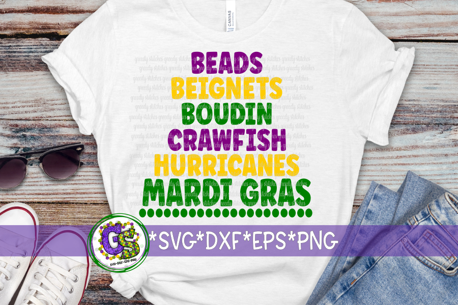 Beads Boudin Beignets Crawfish Hurricanes Mardi Gras SVG DXF EPS PNG