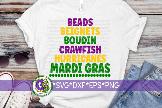 Beads Boudin Beignets Crawfish Hurricanes Mardi Gras SVG DXF EPS PNG