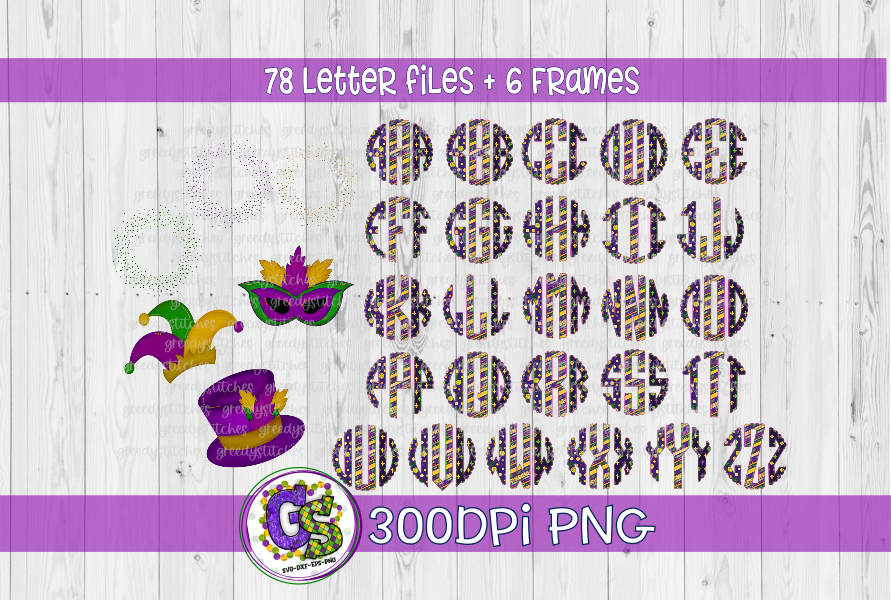 Mardi Gras Monogram Set PNG for Sublimation
