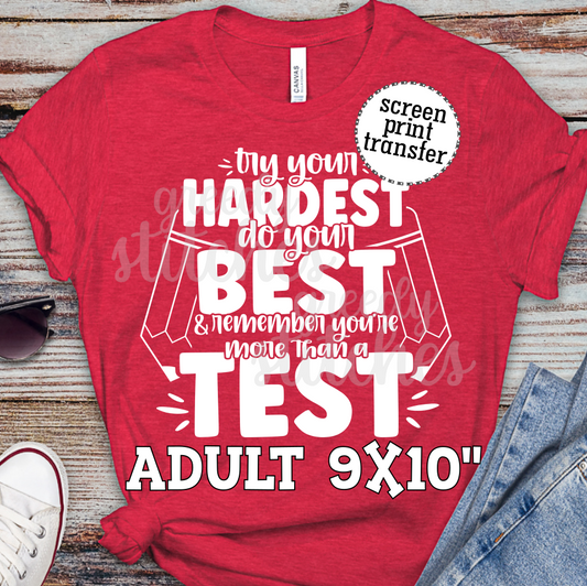 Try Your Hardest Do Your Best & Remember You're More Than a Test ADULT Screen Print Transfer